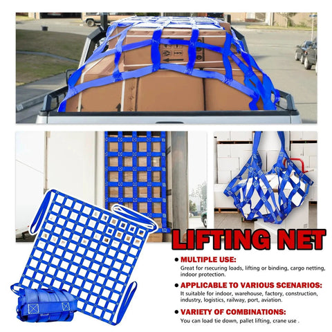 Heavy Duty Cargo Lifting Net 1212 Lbs 4.92x4.92 Ft With 10x10 Cm Mesh Polyester Hoist Net shown with boxes in a truck and folded