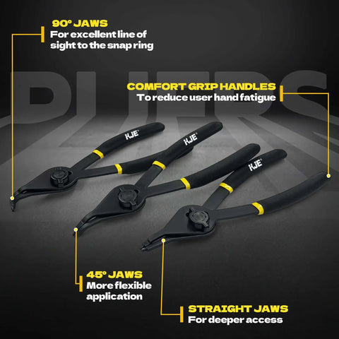 Beefy Twelve Piece Heavy Duty Snap Ring Pliers Set with straight, 45, and 90-degree jaw tips highlighting comfort grip handles.
