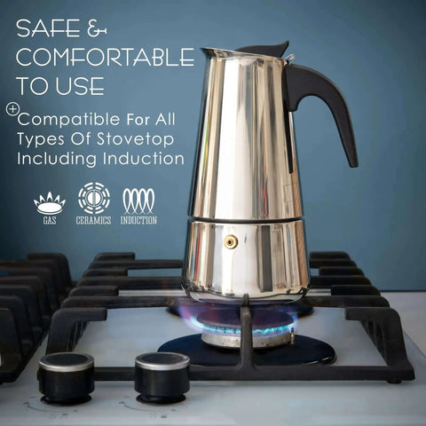 Stovetop Espresso Maker 9 Cup Moka Pot In Stainless Steel 450ml 15oz Easy Brew For Camping Or Home Use Italian Style Coffee Percolator For Bold Aromatic Morning Joe on gas stove.