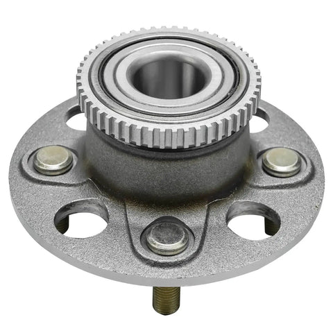Close-up of rear wheel hub with ABS tone ring for Pair Rear Wheel Hub And Bearing Assembly For Honda Civic 2001 To 2005 And Acura EL 2001 To 2005 4 Lug With ABS Replacement Kit Premium Quality Direct Fit Includes Two Hubs For Quick And Solid Install.
