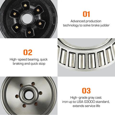 Brake drum kit, 6 on 5.5 in bolt circle; 12 x 2 in self-adjusting brake for 5,200 lb trailer axle with black hub.