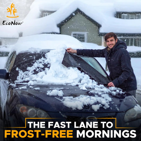 Man removing snow from a car windshield covered in ice using the Windshield Cover For Ice And Snow Universal Fit For Car SUV And Truck Heavy Duty 600D Oxford Fabric Frost Protector With Anti Theft Straps Medium 69 By 42 Inches Keeps Windshield Clear.