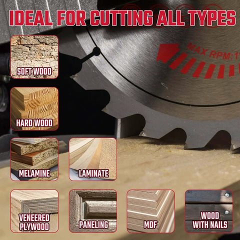 Close-up of heavy duty five and a half inch circular saw blades with ten millimeter arbor for wood, plastic, and composites.
