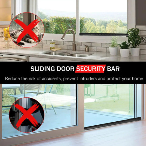 1.25 Inch Diameter Sliding Door Security Bar For Home, Adjustable From 17.1 To 40 Inches, Black Stainless Steel Patio Glass Door Lock Bar With Rubber Tips, Rust Resistant, Durable Security Bar For Sliding Doors And Windows shown with indoor and outdoor view.