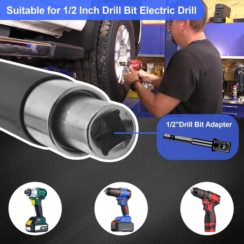 Mechanic using Compact Offset Extension Wrench For Electric Drills And Impact Wrenches, Slim Profile Built To Fit Tight Spots, Includes Four Socket Sleeve Adapters And One Half, Three Eighths, One Quarter Inch Drill Adapters, Tungsten Steel Construction