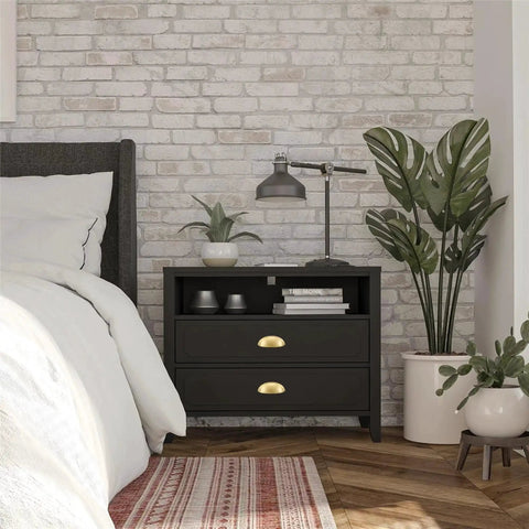 Bedroom nightstand with 2-Pack Solid Brass Cup Cabinet Pulls in Brushed Brass Finish, Half Moon Style Cup Handles, 3-Inch Hole Center.