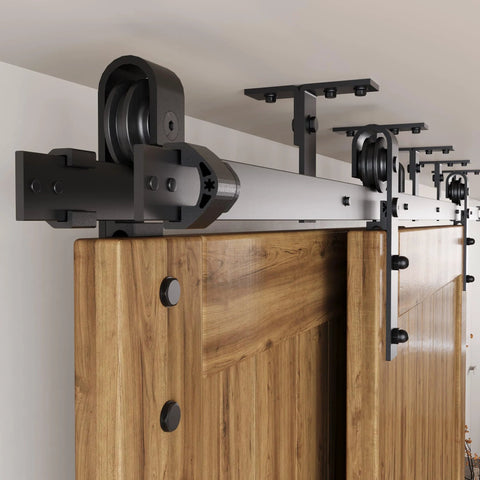Black Rustic Ceiling Mount Double Track Bypass Sliding Barn Door Hardware Kit For Two Doors 6 Ft Flat Track Interior