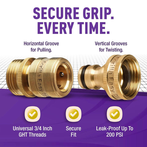 Easy Connect Garden Hose Quick Connect Fittings 3/4 Inch GHT Solid Brass Leak Proof Heavy Duty Up To 200 PSI For Hoses Faucets Pressure Washers Sprayers, showing grooves and secure grip features.