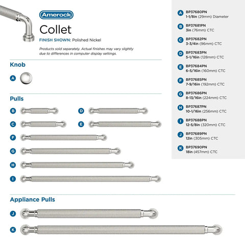 Collet polished nickel cabinet pulls and knobs size chart with dimensions and product codes on white background