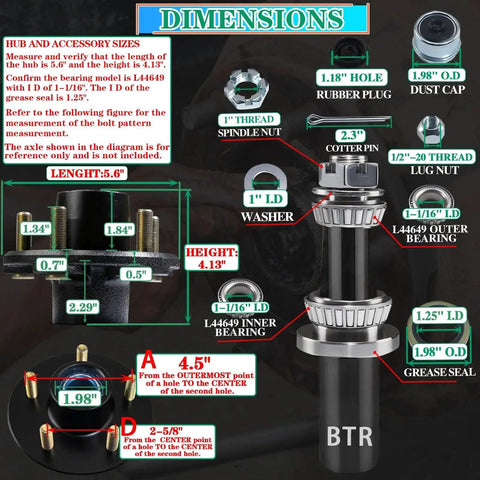 Technical diagram of Two Sets OZISENS Pre Lubricated Trailer Hub Kits For Five By Four And Half Inch Hubs On Two Thousand Pound Axles