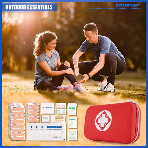 Mini Travel First Aid Kit With 201 Pieces Of Emergency Medical Supplies, red case, first aid scene outdoors