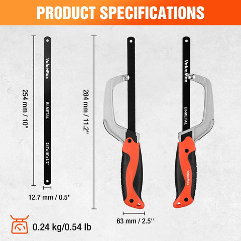Ultra Compact Mini Hacksaw With Bi Metal 10 Inch Blade Aluminum Frame Dope Lightweight Metal Cutter For Wood PVC Iron Copper Perfect For Tight Spaces And Small Projects specifications, showing dimensions and weight
