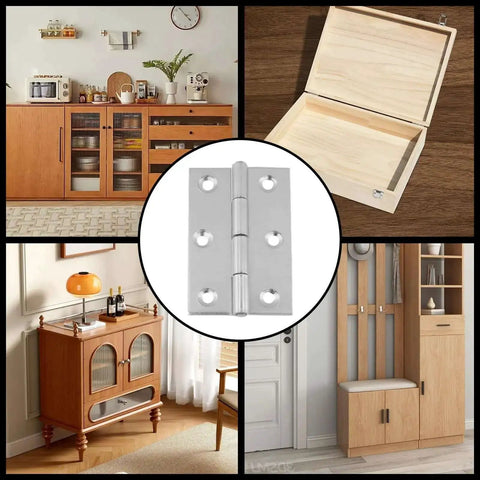 Heavy Duty Door Hinges 2.36x1.57 Inch Stainless Steel With Screws 4 Pack for cabinets and gates, shown in various furniture settings.