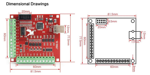 Dimensional drawings of a 4 Axis USB Mach3 CNC Controller Card with 100KHz plug and play breakout board, showcasing measurements and components.