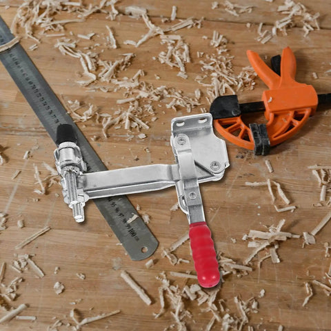 Two Pack Beefy Vertical Double Head Quick Release Welding Toggle Clamps Zinc Plated Iron Fixed Workholding Clamps on wood table