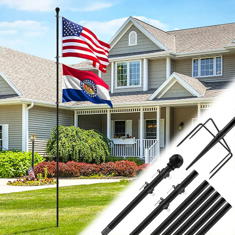 10 Ft In Ground Flag Poles Kit For Double Flag Display With Sturdy 5 Prong Base Windproof Setup in Residential Yard