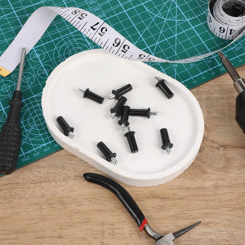 8 Piece Cabinet Door Repair Pins Set For Damper Replacement And Furniture Fittings, black plastic pins on white plate with tools