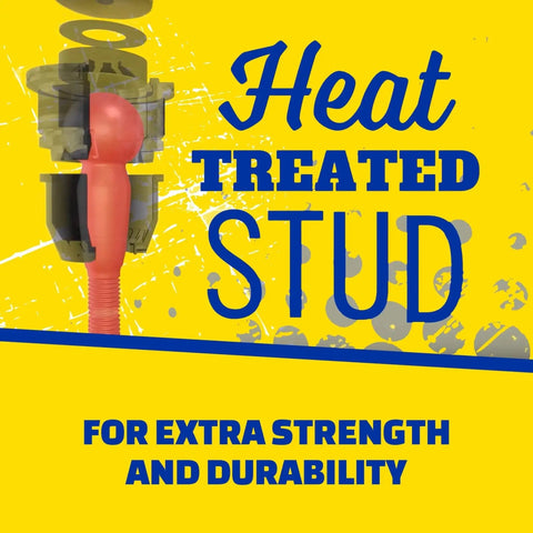 Front view of orange steel stud with yellow background and blue Heat Treated Stud text automotive suspension graphic