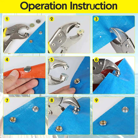 Step-by-step instructions for using Heavy Duty Snap Fastener Pliers Set With Adjustable Setter And 3 Interchangeable Dies.