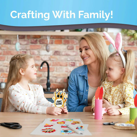 A woman and two children crafting with Premium Printable Vinyl Sticker Paper for Inkjet and Laser Printers with 32 glossy white sheets.