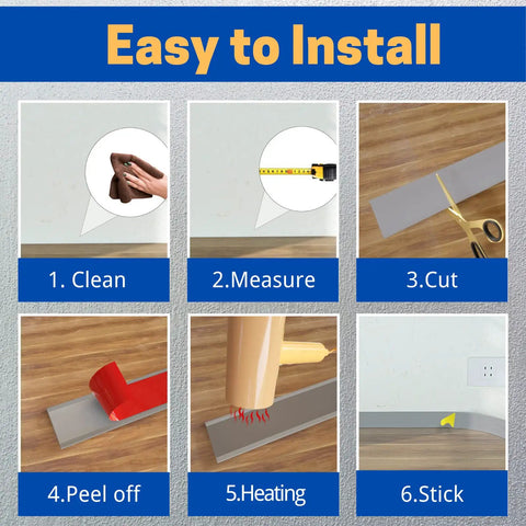 Step-by-step guide for installing Flexible Baseboard Molding Trim 4 Inch By 20 Feet Self Adhesive Vinyl Wall Base.