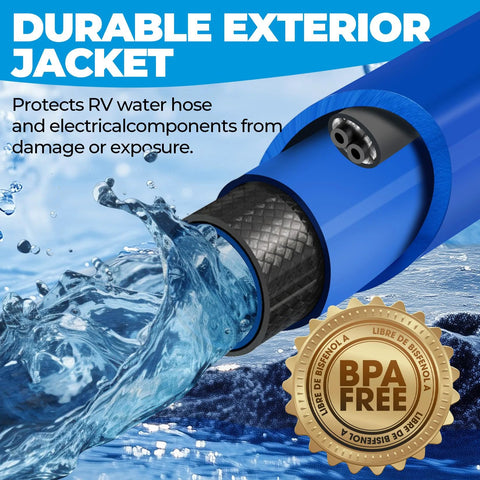 30ft heated RV water hose with blue exterior jacket, BPA-free construction