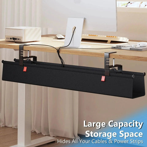 No Drill Under Desk Cable Management Tray With Clamp For Standing Desk 36 Inch Cord Organizer Premium Fabric installed view