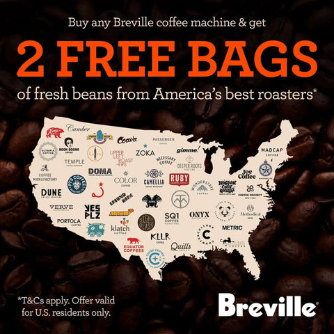 Promotional image for Breville coffee machines offering 2 free bags of fresh beans from American roasters with map illustration