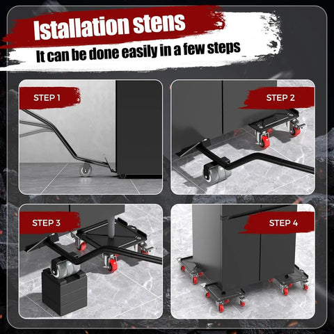 Heavy Duty Furniture Dolly Moving System for up to 3000lbs with installation steps shown, 360-degree rotating dollies in use