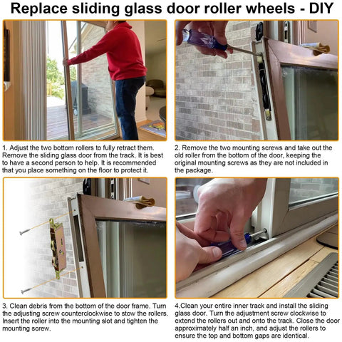 Step-by-step guide for replacing sliding glass door roller wheels with tools at each stage of installation.
