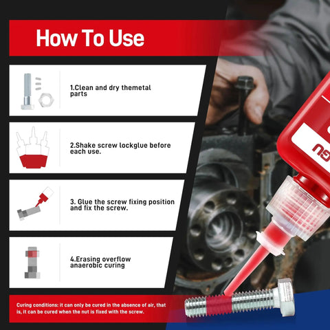 Instructions for using Red High Strength Temperature Threadlocker For Bolts And Metal Fasteners Up To M25 Anaerobic Screw Glue