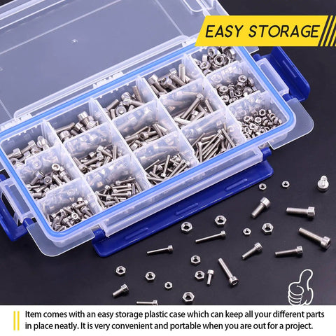 510Pcs M3 M4 M5 Stainless Steel Hex Socket Head Cap Bolts Screws Nuts Set In 304 Stainless Steel For DIY Projects Home Repairs Machinery And Automotive Use Assortment Kit in clear plastic case.