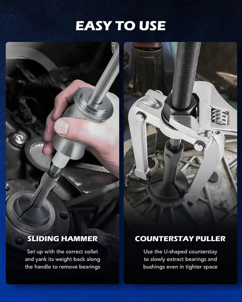 30 Piece Bearing Puller And Housing Removal Set showing slide hammer and counterstay puller in use on engine parts.