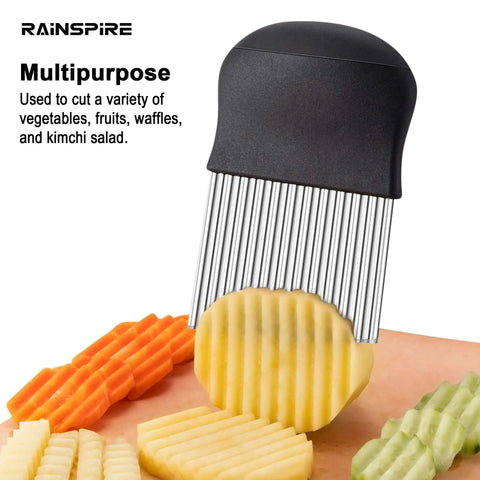 Crinkle Cutter For Veggies With Stainless Steel Blade Pro Grade Build Ideal For French Fries Wave Cut Vegetables And Decorative Slices Ergonomic Soft Touch Handle Dishwasher Safe Black Rainspire slicing vegetables