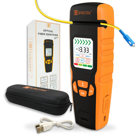 Optical Fiber Identifier tester with orange/black housing, yellow fiber lead, USB cable, box and carry case