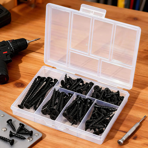 105 Piece Wood Screws Set With Black Oxide Finish And Phillips Drive, Six Sizes For Woodwork And Diy Projects in a box
