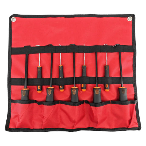 9 Piece Precision Hook And Pick Set With Scraper For Car And Home DIY Repairs, organized in a red roll-up pouch