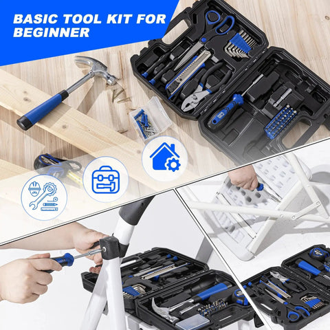 93-Piece Household Tool Kit With Storage Case For Home DIY Projects showing tools arranged in an open black case.