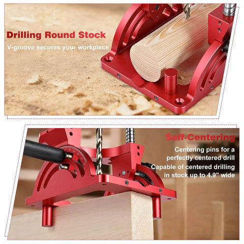 Portable Drill Guide With Adjustable 0 To 60 Degree Jig for Precision Angled Holes, showing red aluminum construction securing wood