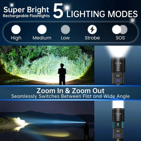 Rechargeable LED Flashlights 2 Pack With 5 Modes And Zoomable Beam LCD Battery Level Display USB Rechargeable Handheld Torches infographic
