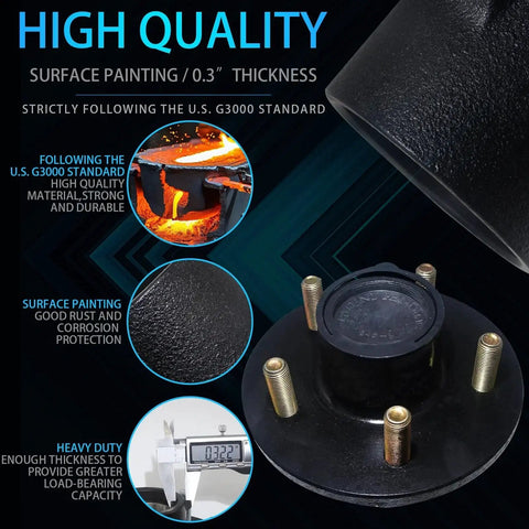 Close-up of Heavy Duty Trailer Idler Hub Kit for 3500 Lb Axles, featuring 5 lug design and durable black surface coating