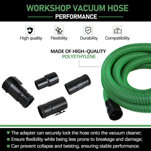 Hose Kit For 1-7/8 Inch Vacuums With Universal 2-1/2 Inch Adapters, coiled black and green hose with 4 fittings visible on white background.