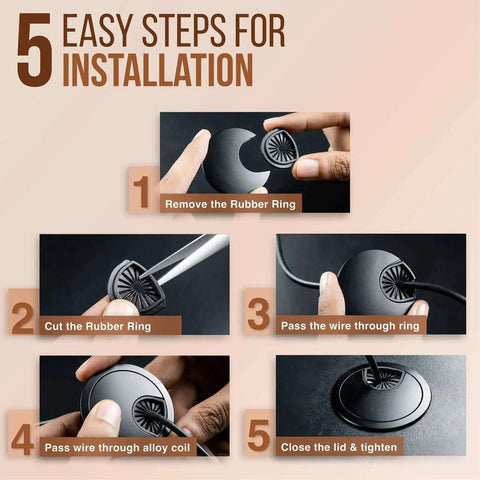 5 easy steps for installing Metal Desk Grommet 2 Inch Pack Of 2 Flat Black Zinc Alloy Cable Hole Cover on computer tables and countertops.