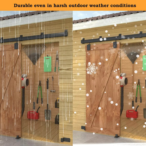 10 Foot Black Box Rail Exterior Barn Door Hardware Kit for Smooth Sliding in rain and snow, galvanized steel construction
