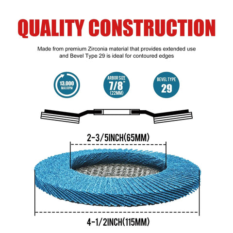 40 Grit Flap Disc Type 29 4 1/2 X 7/8 Zirconia For Stainless Steel Pack Of 10 showing dimensions and construction quality.