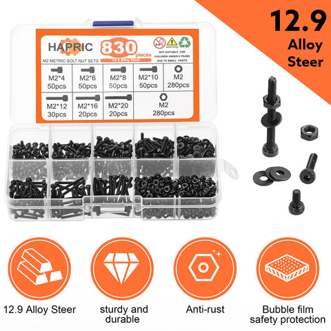 Must Have 830 Piece M2 Screw Kit With 4 6 8 10 12 16 20mm Machine Screws 12.9 Alloy Steel Black Zinc Plated Hex Socket Head