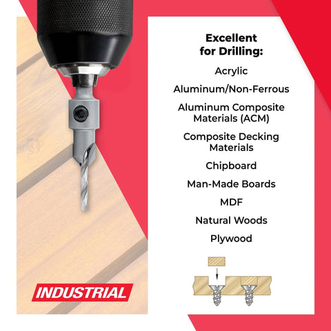 Carbide Tipped Countersink Drill Bit With 82 Degree Countersink, Three Eighths Inch Diameter, shown drilling into wood.