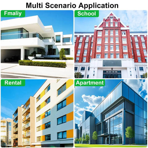 Collage showing buildings for family, school, rental, and apartment scenarios.