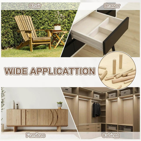Wide application of Wooden Dowel Pins Three Sixteenths Inch By Thirteen Sixteenths Inch Straight Fluted Dowels for furniture assembly and DIY.