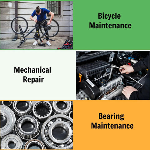 Collage showing bicycle maintenance, mechanical repair, and bearing maintenance with images of bike repair, engine work, and bearings.